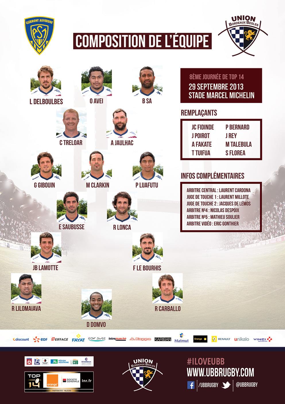 Composition équipe ASM Clermont Auvergne vs Union Bordeaux Bègles