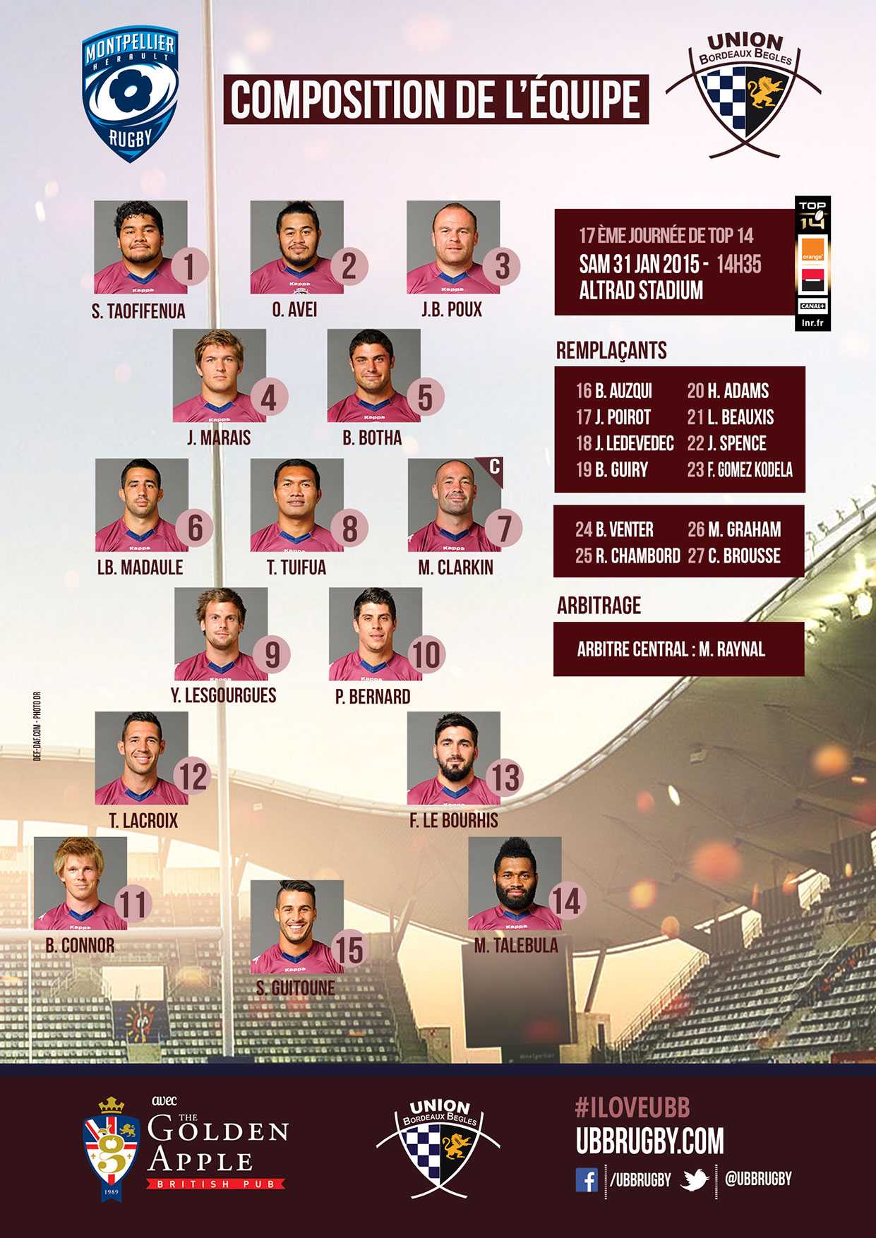 Composition MHR - UBB - saison Top 14 - 2014-2015